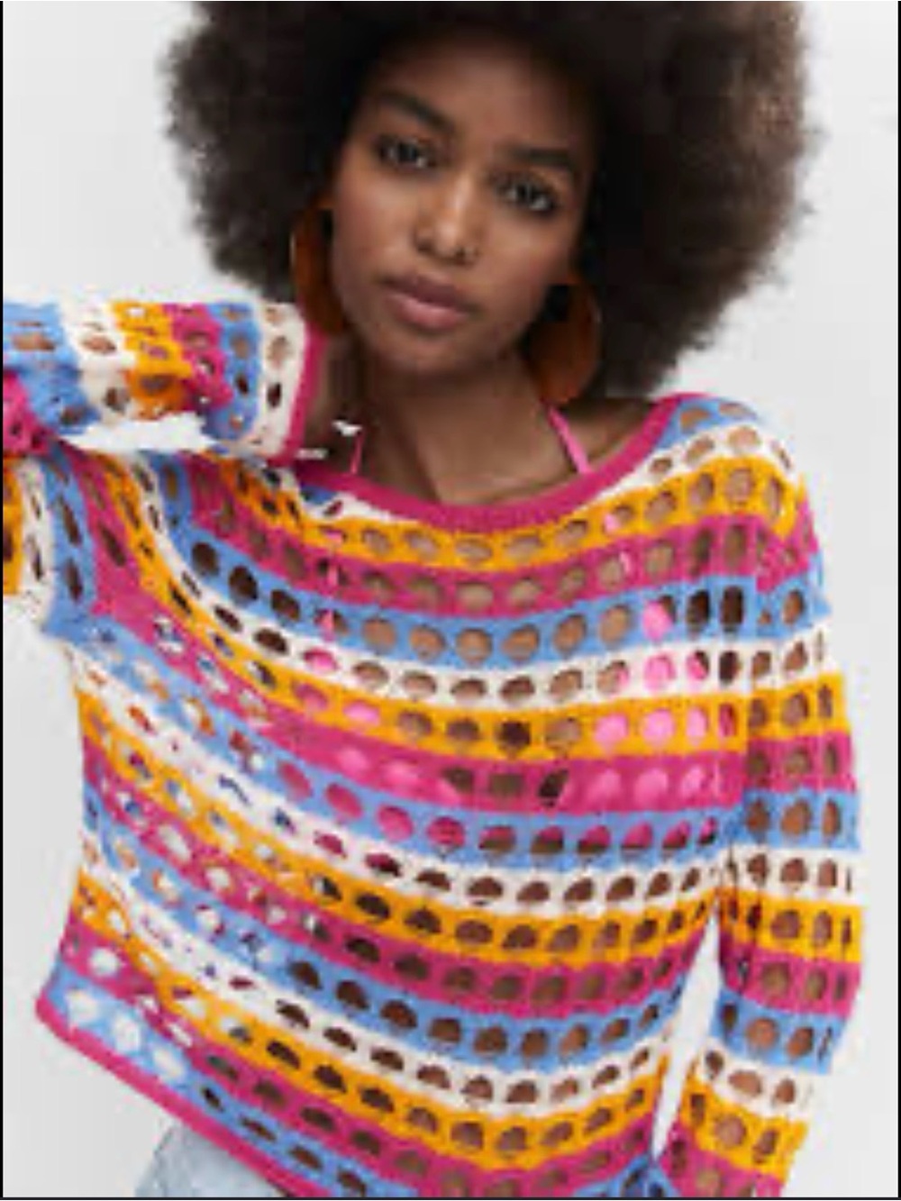 Mango Multicolor Open-Knit Off-Shoulder Sweater - Pink, Blue, Yellow, White - Picture 1 of 6